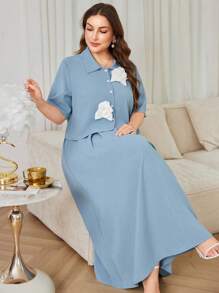 Modelyn 2pcs/Set Women Plus Size Solid Color Minimalist Skirt & Top