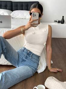 SHEIN Frenchy Women Solid Color Applique Round Neck Slim Fit Sleeveless Elegant Knit Top, Summer,Knitted Sweater White Casual - White - View 6