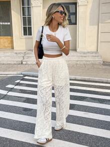 Serisse 女式松紧腰花卉蕾丝直筒优雅裤 - 米色 - 查看 1