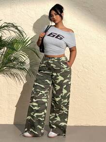 SHEIN EZwear Quần Jeans Cargo In Họa Tiết Rằn Ri Có Dây Rút Cạp Cỡ Lớn Cho Nữ - Màu xanh lam - Xem 4