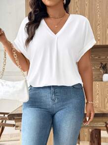 Breezaya Camiseta casual de manga corta con cuello en V y pliegues en la espalda, de unicolor, para salir, vacaciones y uso casual de negocios, talla grande para mujer
