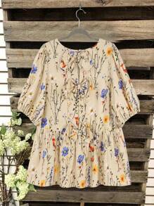 Flirla Plus Size Women Casual Butterfly Floral Print Short Sleeve Blouse, Summer