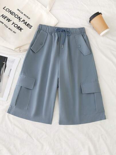 SHEIN LUNE Shorts casuales de mujer con bolsillos cargo y cordón en la cintura de unicolor