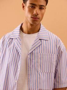 Musero Boxy Striped Button Through Short Sleeve Shirt Front Pocket Detail Summer Spring Holiday Vacation Beach - Multicolor - View 2