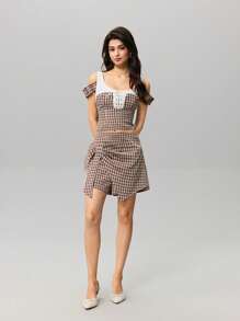 SHEIN MOD Quần short quấn phía trước họa tiết kẻ caro cho nữ, trang phục mùa hè thanh lịch, tốt nghiệp, sinh nhật, kỳ nghỉ, bãi biển, mùa hè, buổi hẹn hò lãng mạn, phong cách quý tộc cổ điển cho nữ, vải gingham - Cà phê nâu - Xem 6