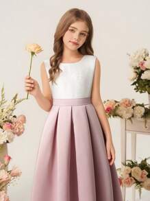 少女缎面圆领无袖 A 字形公主裙，华丽婚礼、生日派对、婚礼宾客、花童、伴娘、度假，优雅而