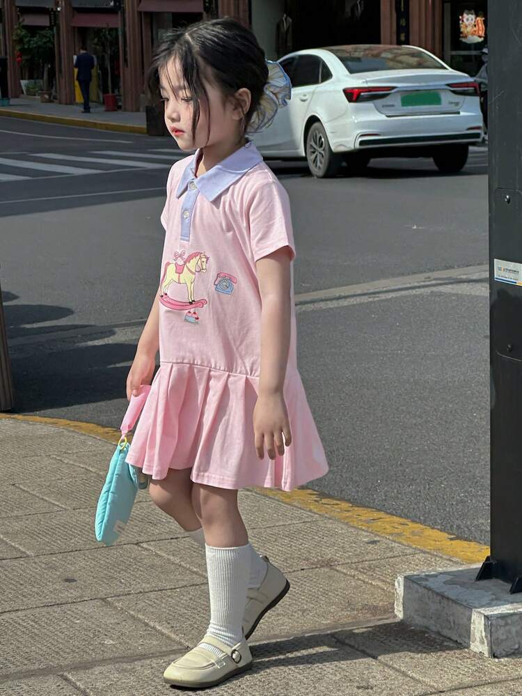 Young Girl Contrast Color Pleated Cartoon Graphic Short Sleeve Dress, Summer Outfits, For Back To School