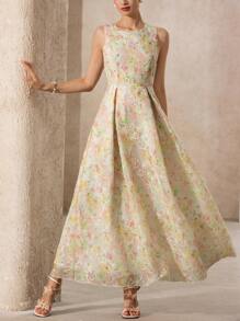 Aveloria Rosie New Elegant Romantic French Style Oversized Waist Drawstring Sleeveless Dress, Women Vintage Exquisite Dye Printing 3D Embroidery Long Dress
