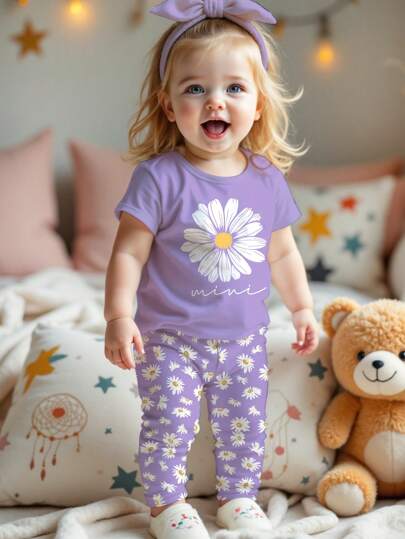 SHEIN 女婴休闲简约波西米亚风格，雏菊花朵图案，浅紫色，舒适圆领短袖长裤睡衣，适合夏季