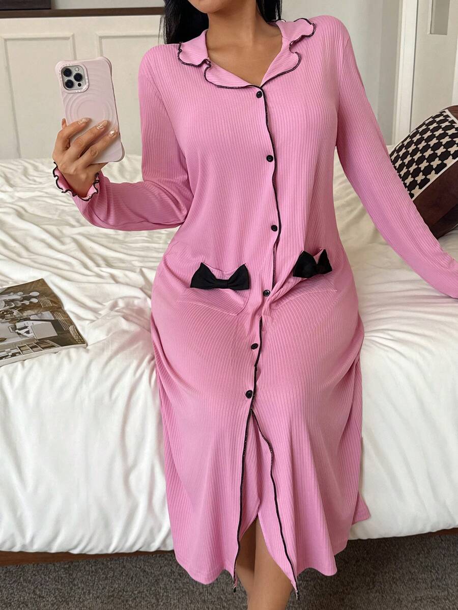 SHEIN 磨毛罗纹蝴蝶结设计女士睡衣连衣裙，假日季、舒适装扮，秋冬季佳选 - 粉色 - 查看 1