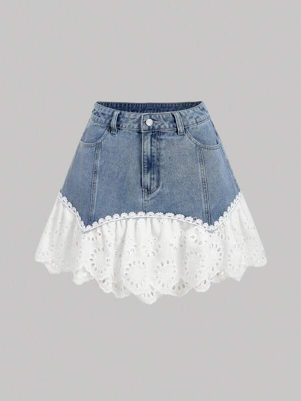SHEIN MOD MOD Women's Casual Contrast Mesh Embroidered Ruffle Hem Denim Mini Skirt, Vintage