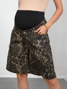 SHEIN Pantalones capri casuales de maternidad de ajuste holgado y estampado de leopardo con cintura ajustable