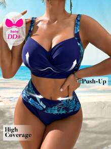 Swim DD+ Women's Plant Printed Twist Strap Tankini Swimsuit, Suitable For Summer Beach - Navy Blue - View 4