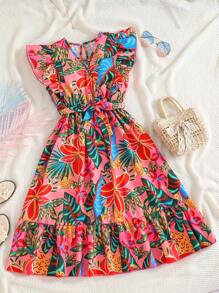 Vestido de vacaciones con estampado tropical de plantas y manga corta para niña preadolescente, ropa de verano, vestido tropical para niñas, vestidos de verano para vacaciones, vestidos de verano para mujeres, vestido de verano para niñas - Multicolor - Ver 7