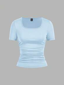 SHEIN EZwear 4pcs/Set Casual Minimalist Solid Color Black, Navy Blue, Light Blue, White Square Neck Short Sleeve T-Shirts Tops For Women, Comfortable For Spring And Summer