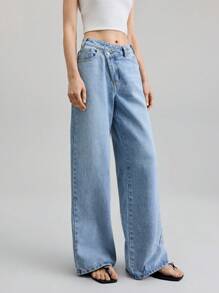 Ontre 2025秋冬女装，女士秋冬装，返校装，万圣节，圣诞节，商务休闲装，复古端庄优雅百搭基础款，纳什维尔服装，女士不对称腰部口袋休闲牛仔裤