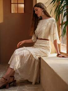 MOTF PREMIUM EMBROIDERY RUFFLE HEM MID-LENGTH DRESS - Apricot - View 2