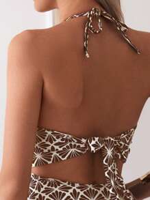 SHEIN Swim Women's Floral Print Halter Tie Monokini Swimsuit, For Vacation For Summer