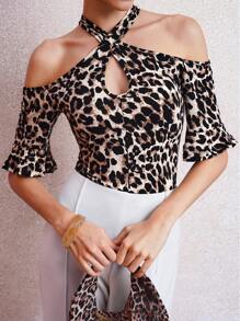 Lavishia 女款豹紋露肩領口高顯瘦T恤 - 彩色 - 查看 1