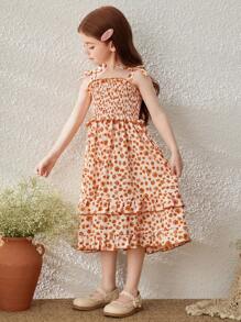 Blossori Vestito da sole smanicato con fiori arancioni per ragazze in vacanza in campagna