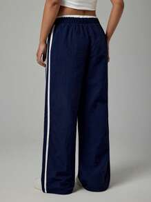SHEIN PETITE 女士拼色高腰侧条纹编织带休闲裤，女士春秋休闲抽绳，侧条纹自然阔腿长款藏青色宽松女裤，休闲日常穿着 - 藏蓝色 - 查看 2
