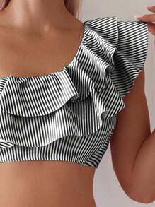 SHEIN Swim Women Random Striped Splice Ruffle Shoulder Strap Top And High Waist Swim Bottoms Spaghetti Strap Bikini Set For Summer Beach Vacation - Black and White - View 3