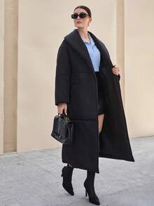 CLARA VERO Manteau long rembourré noir avec col châle, ceinture à la taille, poches, pour se réchauffer en hiver