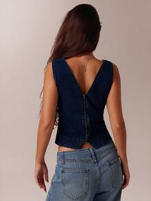 SHEIN Forever 21 春夏女士浪漫/舞会/正式/生日/90 年代/商务休闲/优雅/西部装/外出/时尚/休闲/Y2K/俱乐部/办公室/鸡尾酒会/复古/紧身/狂欢/有趣/优雅/老钱/街头服饰/度假/乡村音乐会/工作/端庄/春假/单身派对/音乐会/坏人/基本款/毕业/蓝色修身甜美领牛仔上衣 - 藏蓝色 - 查看 2