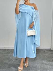 Elenzga Plus Size Women Holiday Casual Solid Color Asymmetrical Collar Ruffles Decorative Slip Dress - Blue - View 1