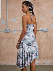 COUREZ 不对称迷彩印花中长连衣裙 / 女士夏季穿搭 Y2K 复古风夏季连衣裙