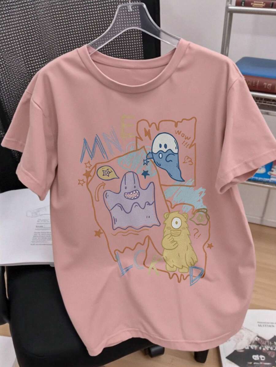 INAWLY 女式休闲怪物图案印花圆领短袖 T 恤女式图案 T 恤上衣 - 淺粉色 - 查看 1