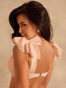 SHEIN Swim Chiffon Patchwork Ruffle Bust Tie-Strap Bikini Set For Summer Beach Vacation - Apricot - View 3