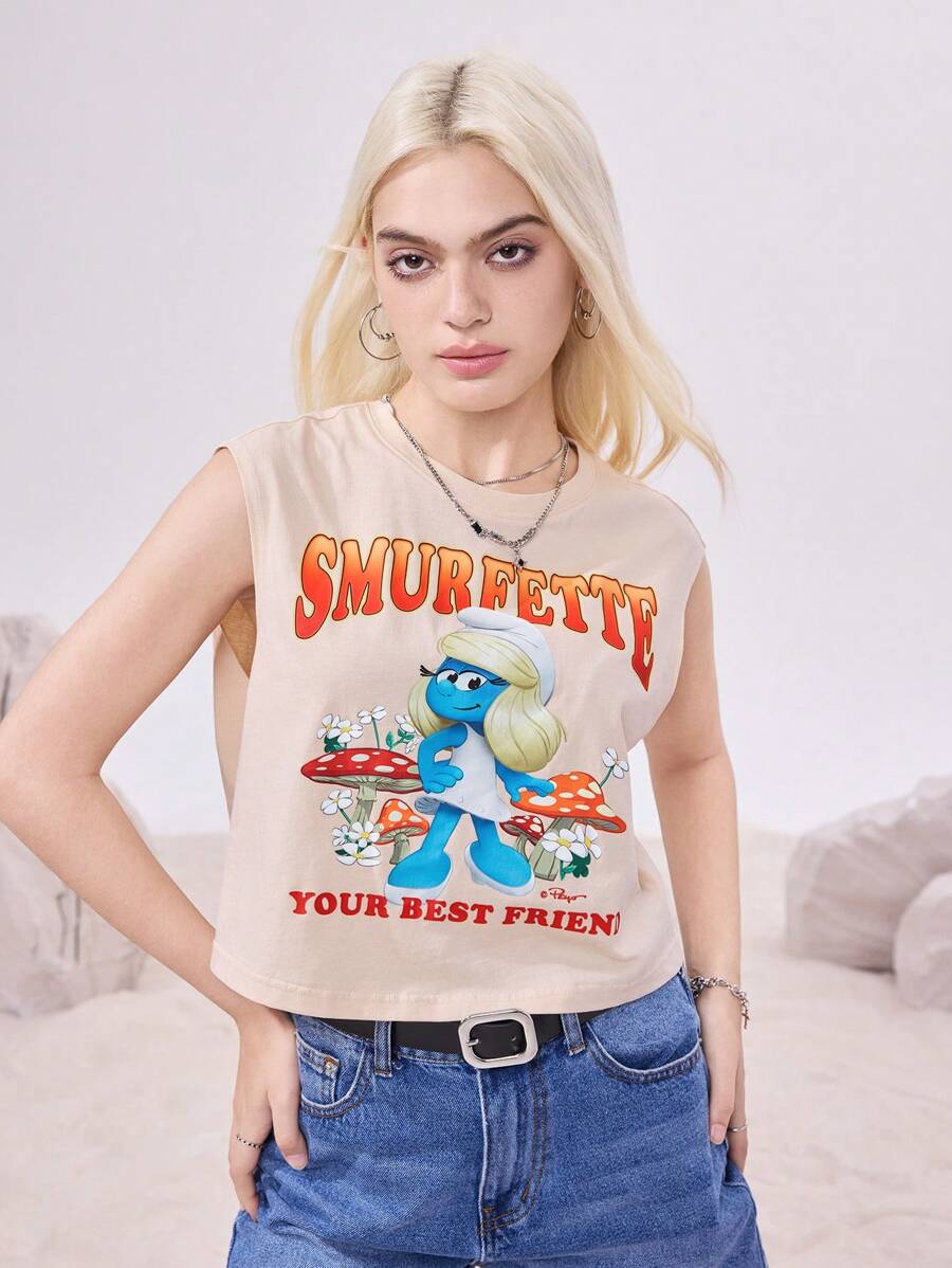 The Smurfs X SHEIN Women's Casual Letter & Cartoon Graphic Round Neck Tank Top