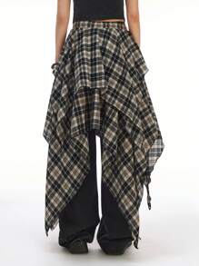 LYSMO 黑白复古格子 A 字裙，高腰修身不对称下摆解构中长裙，女式