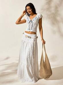 Easelle White Embroidered Small Shirt Top Seaside Holiday Style Outdoor Summer Embroidered Flowers Vacation Outfits Woman 4th Of July Women