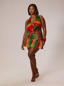 MUSERA Plus Size Ruched Printed Fitted Frill Hem Bead Detail Mini Skirt Cover Up Swim, Holiday, Sexy, Cute Autumn Winter Fall