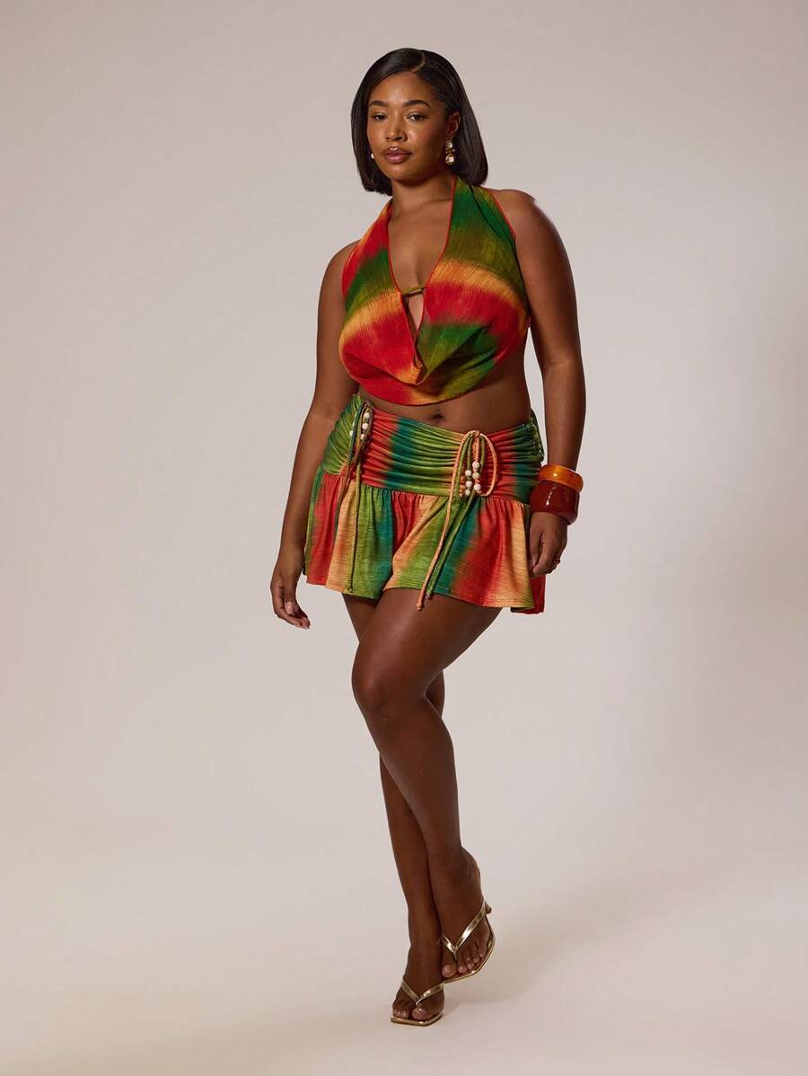 MUSERA Plus Size Ruched Printed Fitted Frill Hem Bead Detail Mini Skirt Cover Up Swim, Holiday, Sexy, Cute Autumn Winter Fall