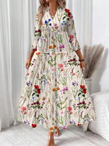 SHEIN LUNE Vestido de manga larga acuchillado con estampado floral acuarela con cuello en V, adecuado para primavera/verano