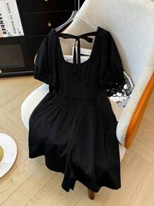 SHEIN Clasi Conjunto de 2 piezas con cuello cuadrado y decoración de perlas, elegante y para talla grande, apropiado para salidas diarias, vacaciones, citas y cenas - Negro - Ver 2