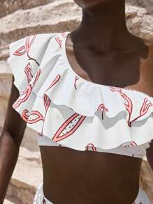 Maija Women All-Over Print Asymmetric Collar Ruffle Trim Bikini Swimsuit - Multicolor - View 4