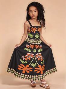 SHEIN 2pcs Young Girl Knit Ditsy Floral Camisole And Woven Mini Skirt Set - Black - View 1