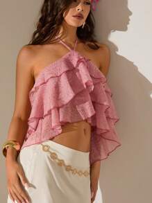 Glamine Women's Pink Braided Embossed Pink Multi-Layer Suspenders Lace-Up Fashion Sexy Backless Casual Holiday Music Festival Outing Tops Summer Clothes Women's Clothing - Pink - View 7