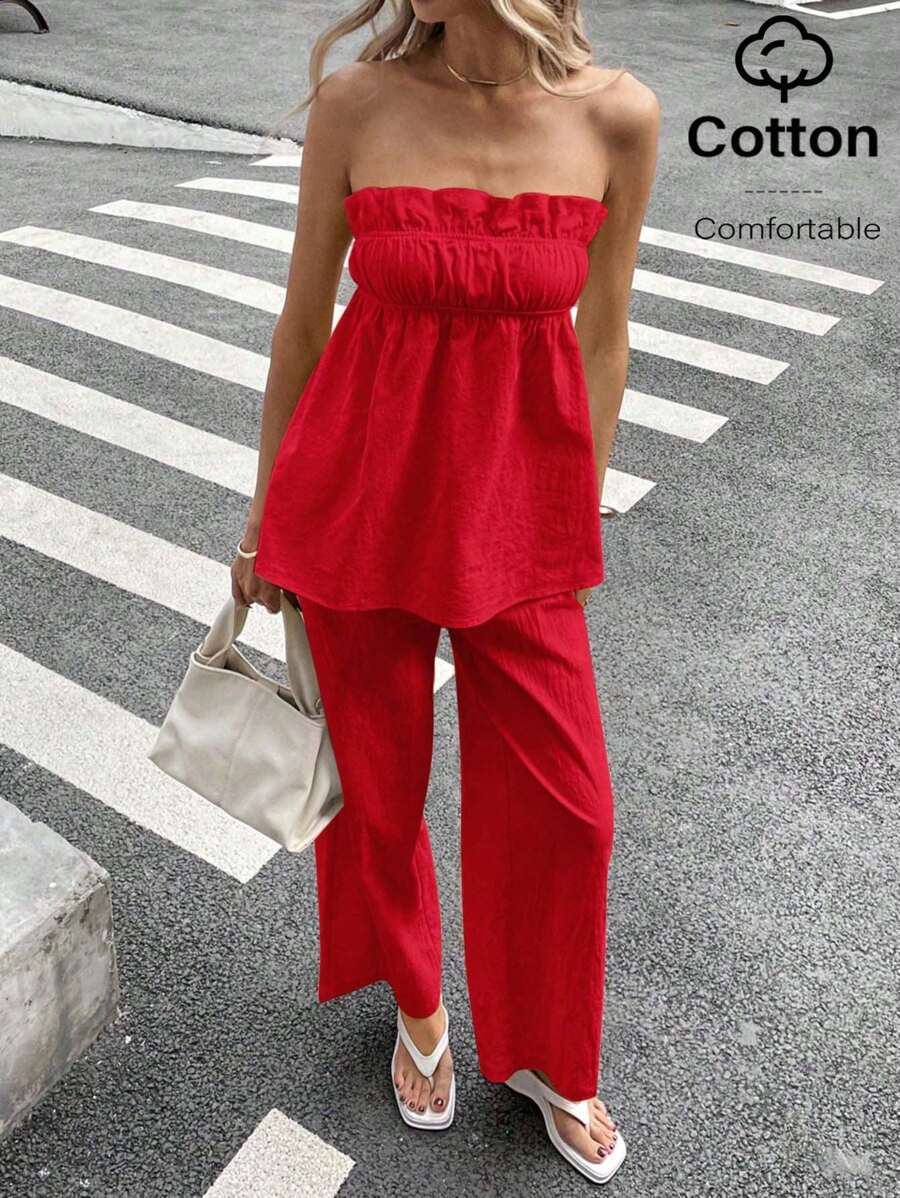 Siren Gaze 2 piezas Top de tirantes de unicolor y pantalones largos para mujer, minimalista y de moda, apropiado para el verano - Rojo - Ver 1
