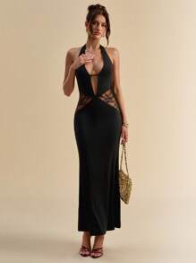 SHEIN BAE Women's Sleeveless Halter Lace Patchwork Mermaid Hem Elegant Long Dress, Black Color, Suitable For Wedding, Graduation, Party, Events - Black - View 1