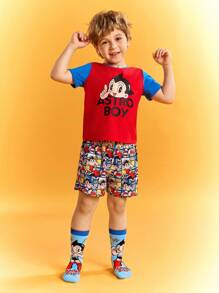 Astro Boy X SHEIN 3 Paar Baumwoll Kinder Socken mit süßen Cartoon Motiven, feuchtigkeitsableitend, atmungsaktiv und weich, Mittelhöhe, verstärkte Zehen und Fersen für Haltbarkeit, geeignet für alle Jahreszeiten, Schule und Alltag, blau