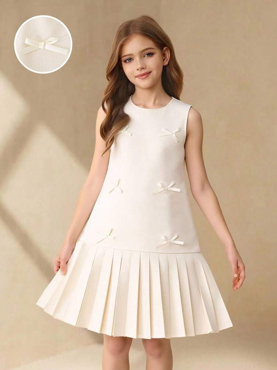 女孩优雅甜美无袖迷你连衣裙，分层荷叶边下摆，白色蝴蝶结装饰，适合夏季、奢华派对