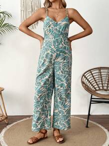 SHEIN Tropical Plant Print Jumpsuit For Pregnant Women, Vacation Wear - Green - View 6