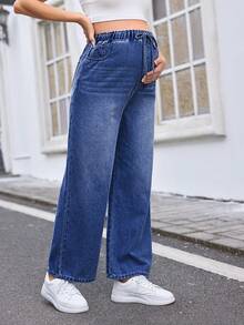 SHEIN 孕妇宽松斜口袋休闲阔腿牛仔裤，波西米亚风 - 中等水洗藍 - 查看 4