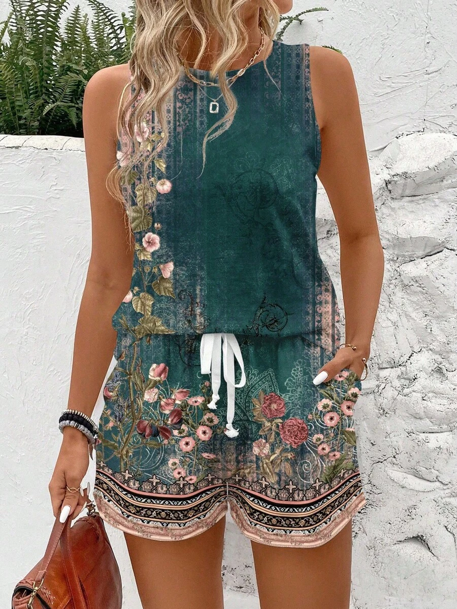 SHEIN LUNE 2 件套女士复古花卉印花无袖圆领短款上衣和短袖背心套装，适合夏季