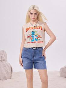 The Smurfs X SHEIN Women's Casual Letter & Cartoon Graphic Round Neck Tank Top